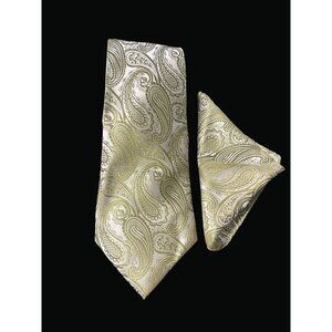 Gold & White Paisley Silk Tie & Pocket Square Set T01 H